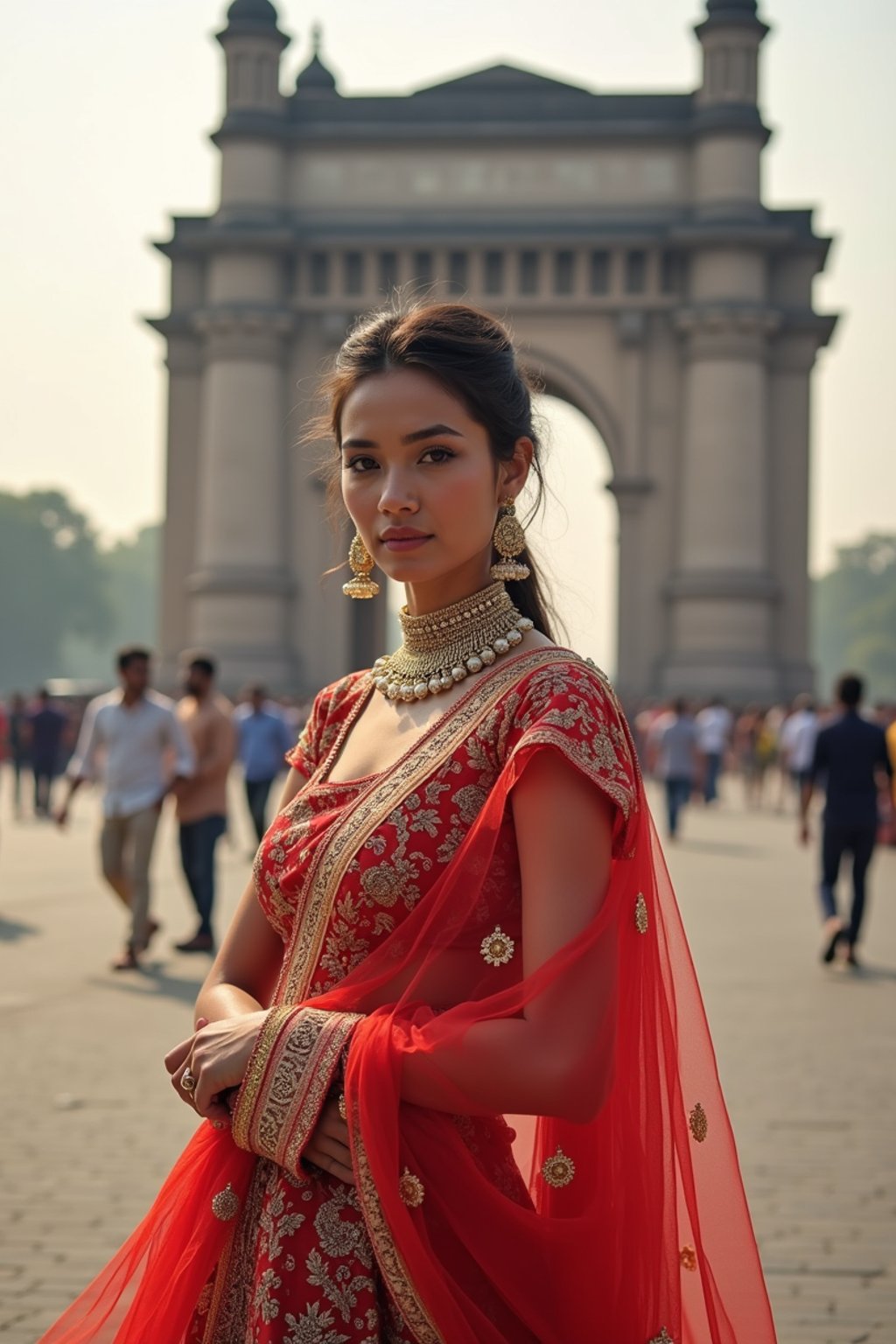 glamorous and traditional  woman in Mumbai wearing a vibrant Saree Sherwani, Gateway of India in the background