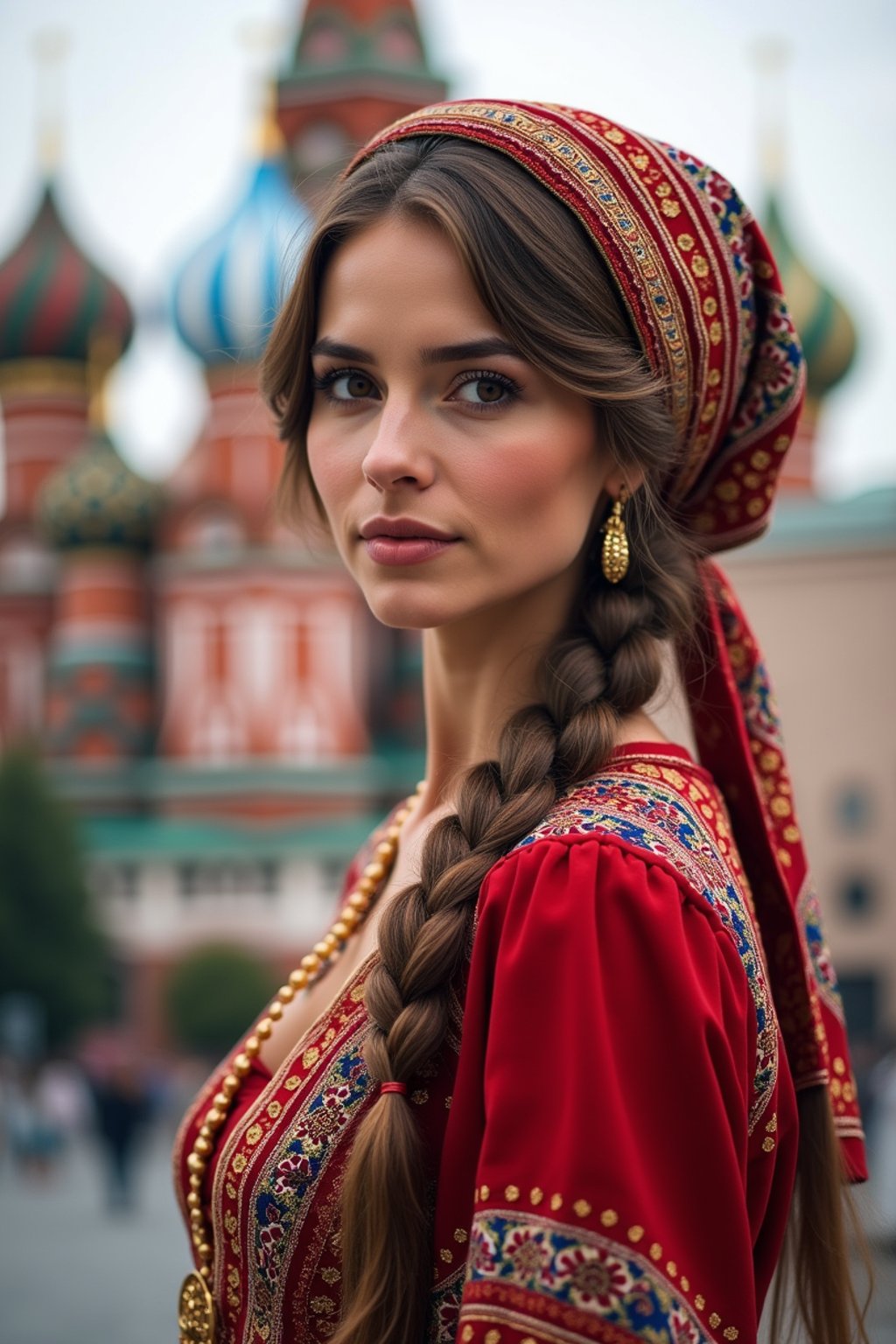 lovely and cultural  woman in Moscow wearing a traditional sarafan/kosovorotka, Saint Basil's Cathedral in the background