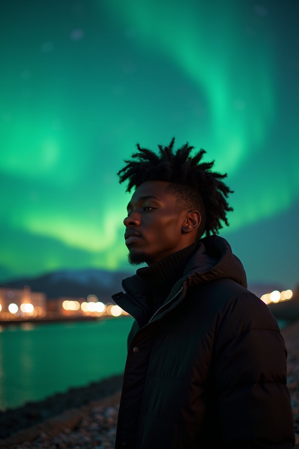 man in Reykjavik with the Northern Lights in the background