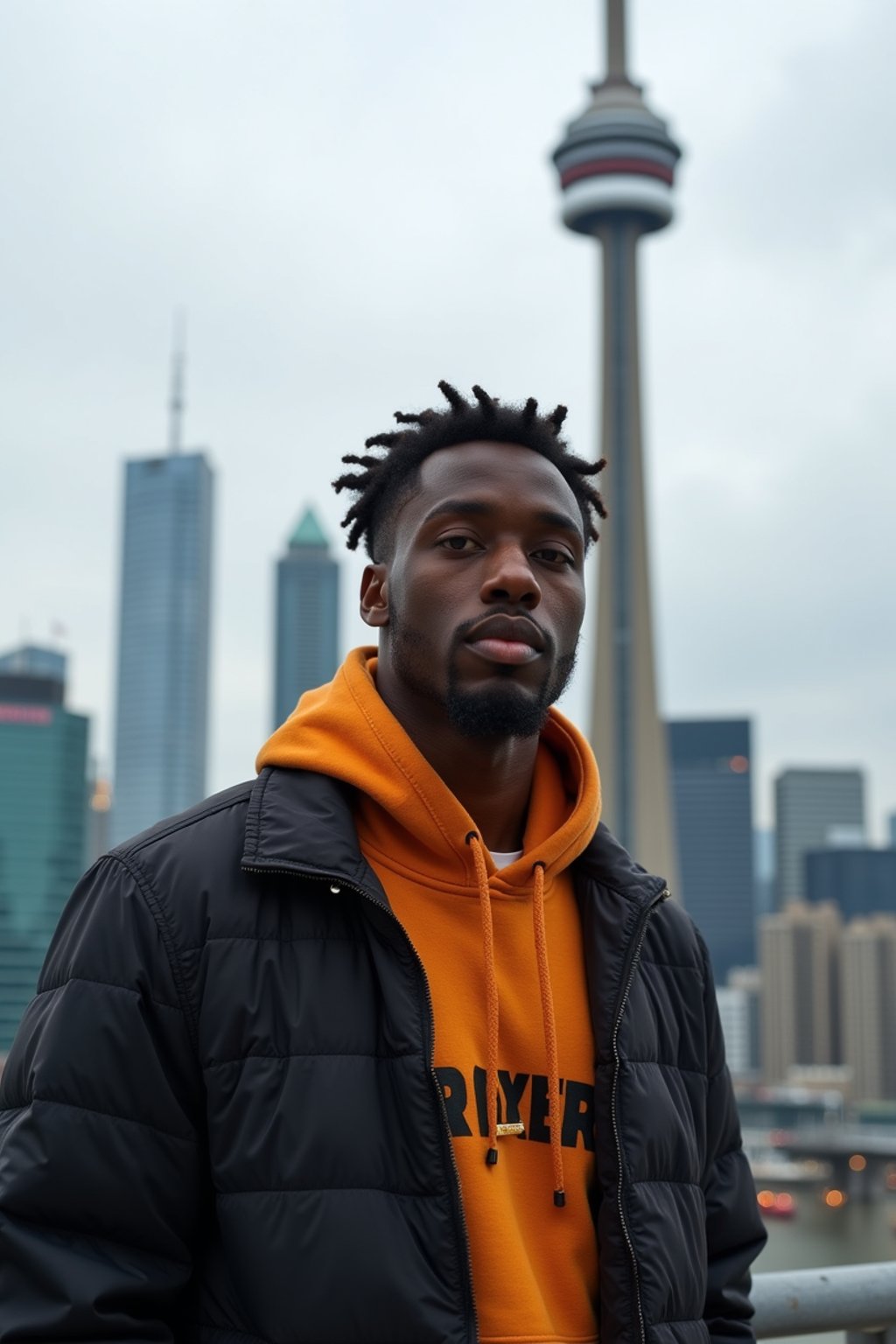 man in Toronto with the CN Tower in the background