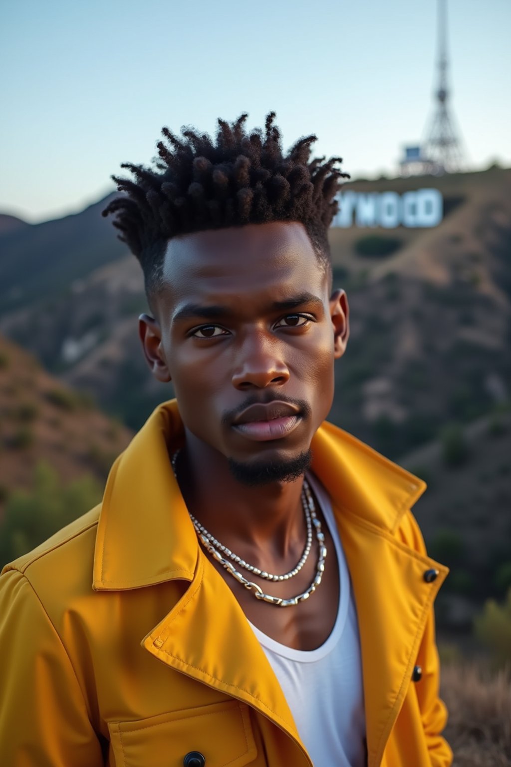 man in Los Angeles with the Hollywood sign in the background