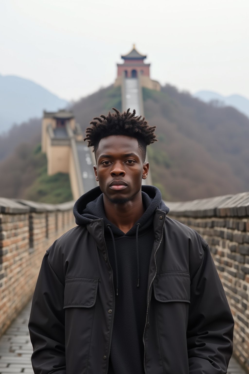 man in Beijing with the Great Wall in the background