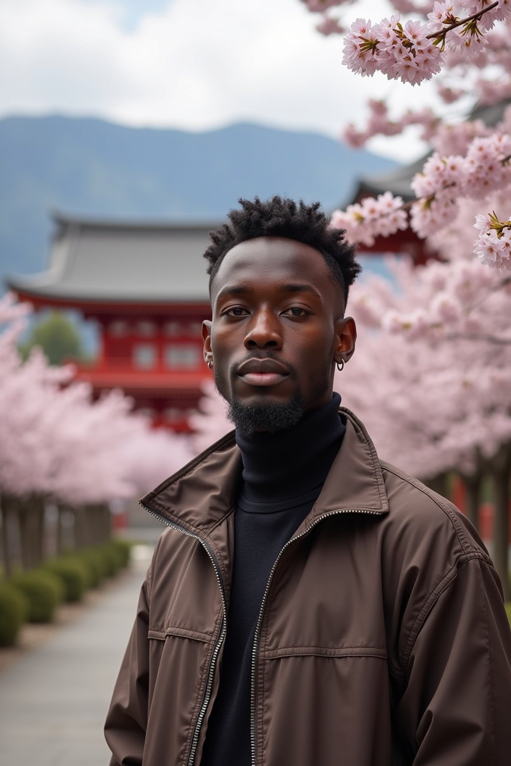 man in Japan with Japanese Cherry Blossom Trees and Japanese temples in background