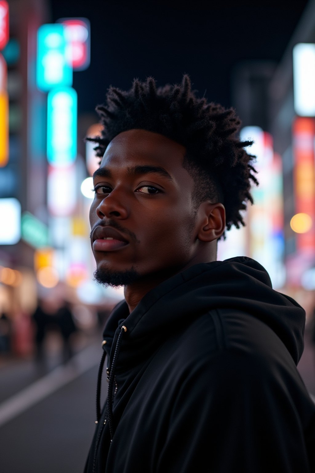 man in Tokyo at night with neon lights