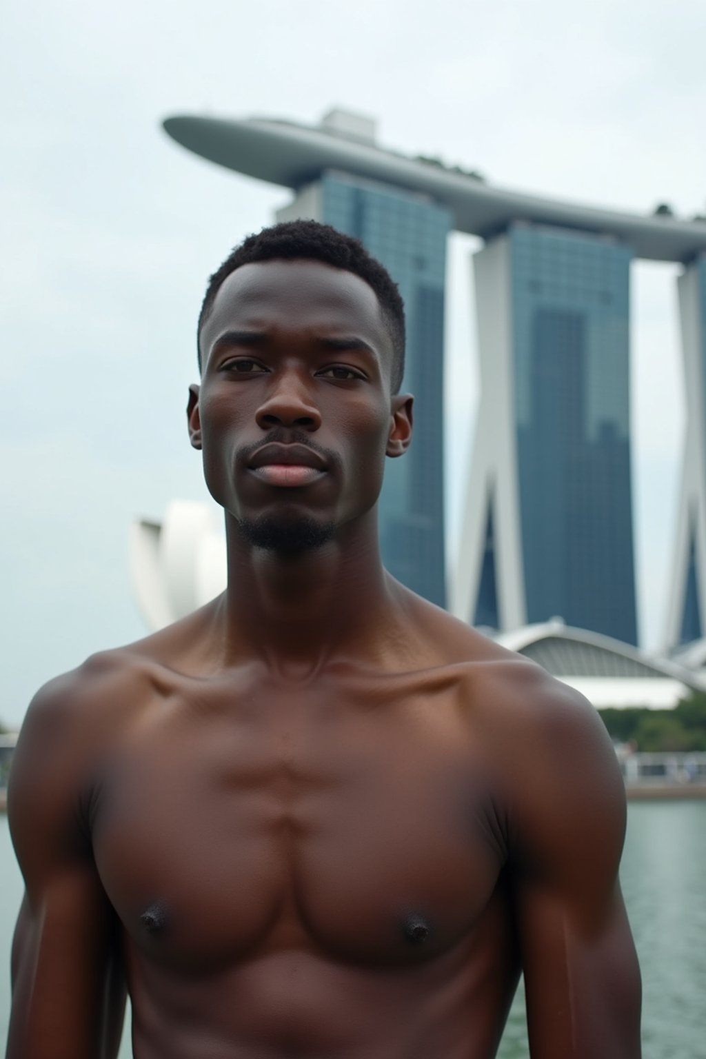 man in Singapore with Marina Bay Sands in background