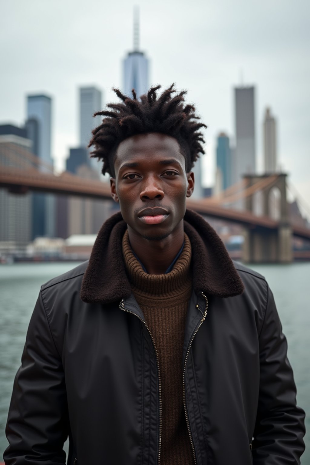 man in New York City with Manhattan in background