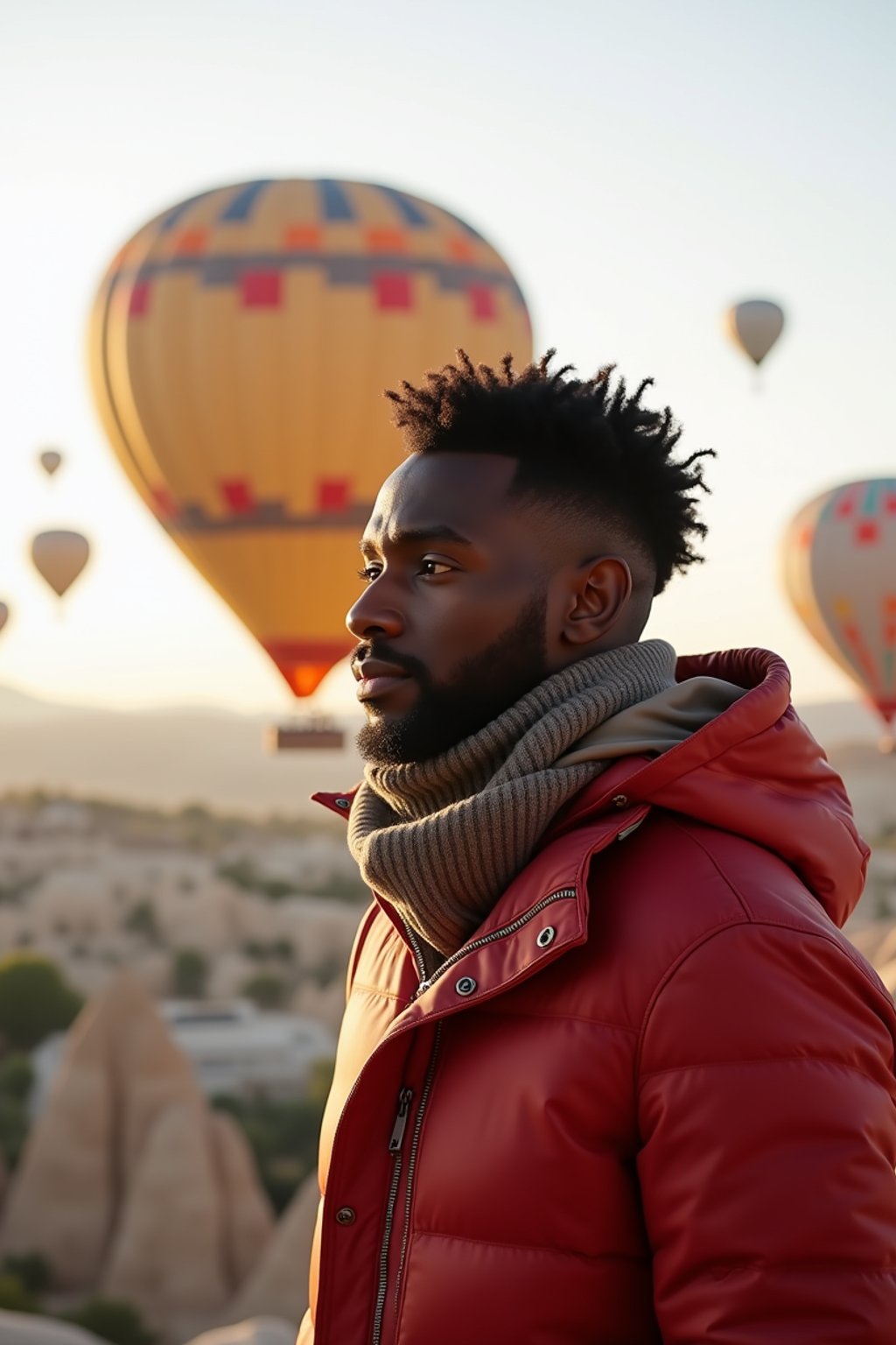 Breathtakingly man with hot air balloons in the background in cappadocia, Türkiye. Cappadocia, Turkey