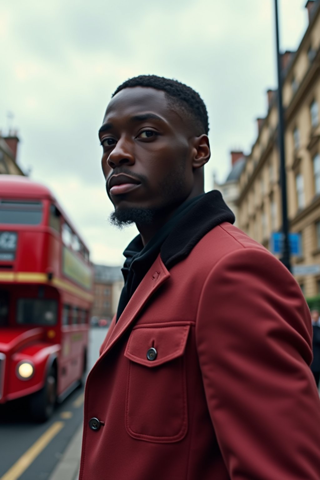 man in London with Double Decker Bus in background