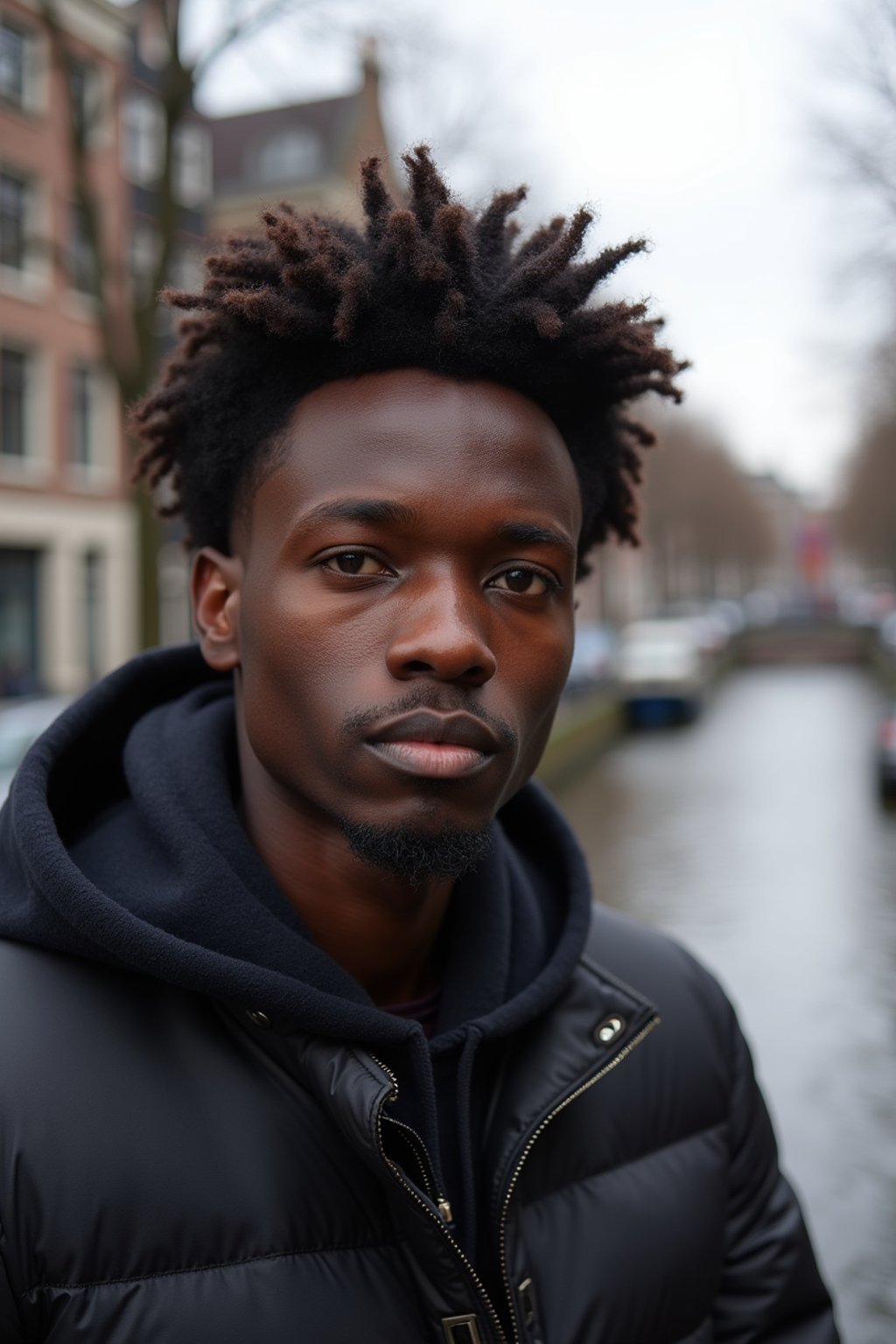 man in Amsterdam with the Amsterdam Canals in background