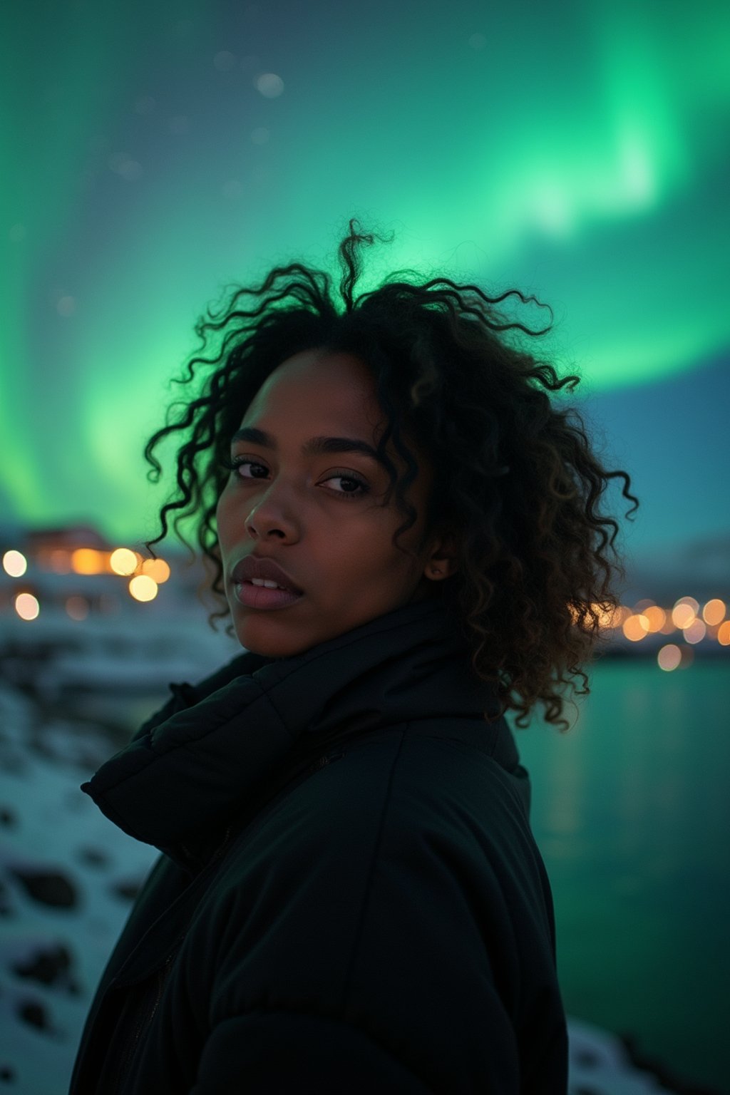 woman in Reykjavik with the Northern Lights in the background