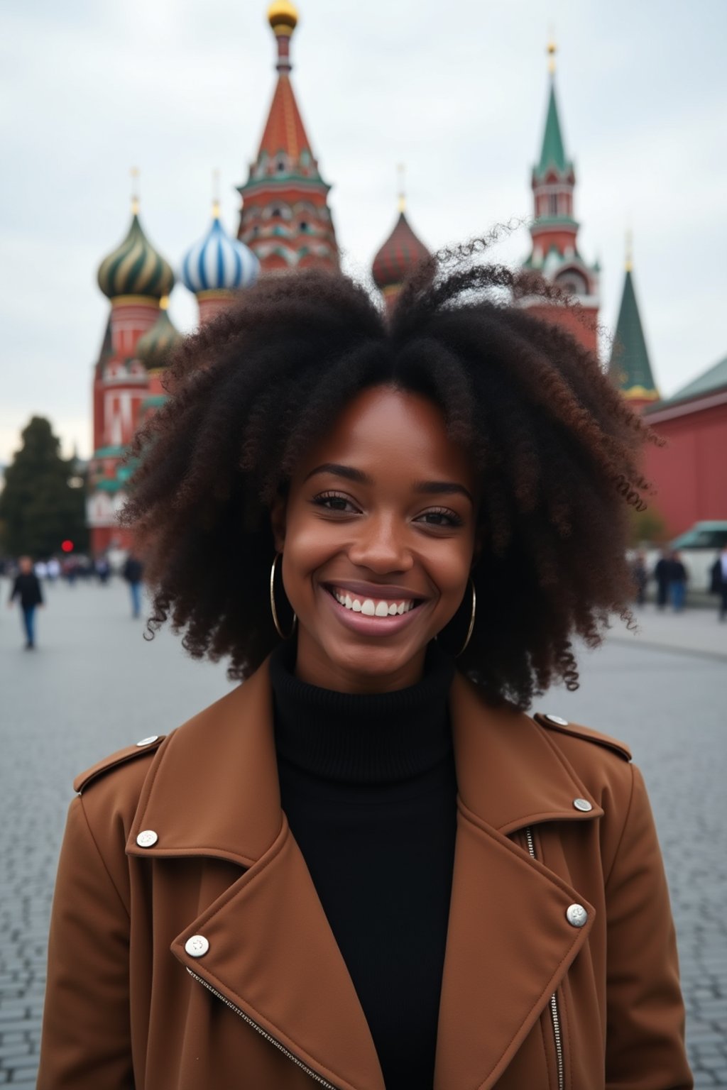 woman in Moscow with the Kremlin in the background