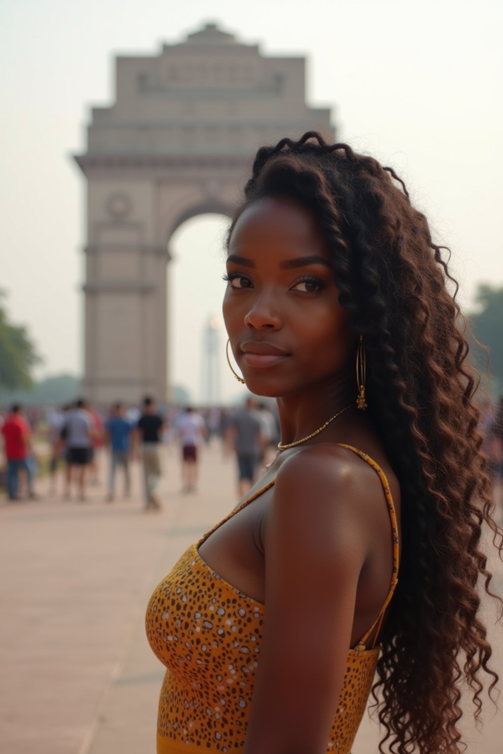 woman in Delhi with the India Gate in the background