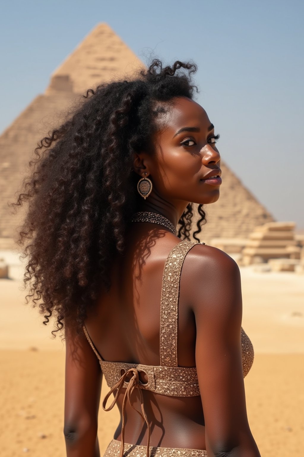 woman in Cairo with the Pyramids of Giza in the background