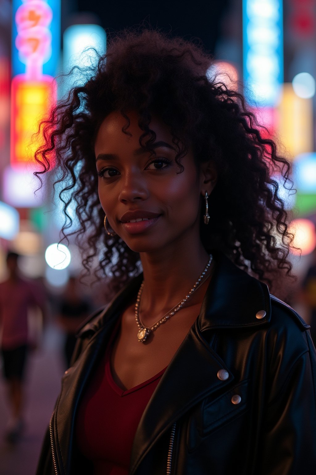 woman in Tokyo at night with neon lights