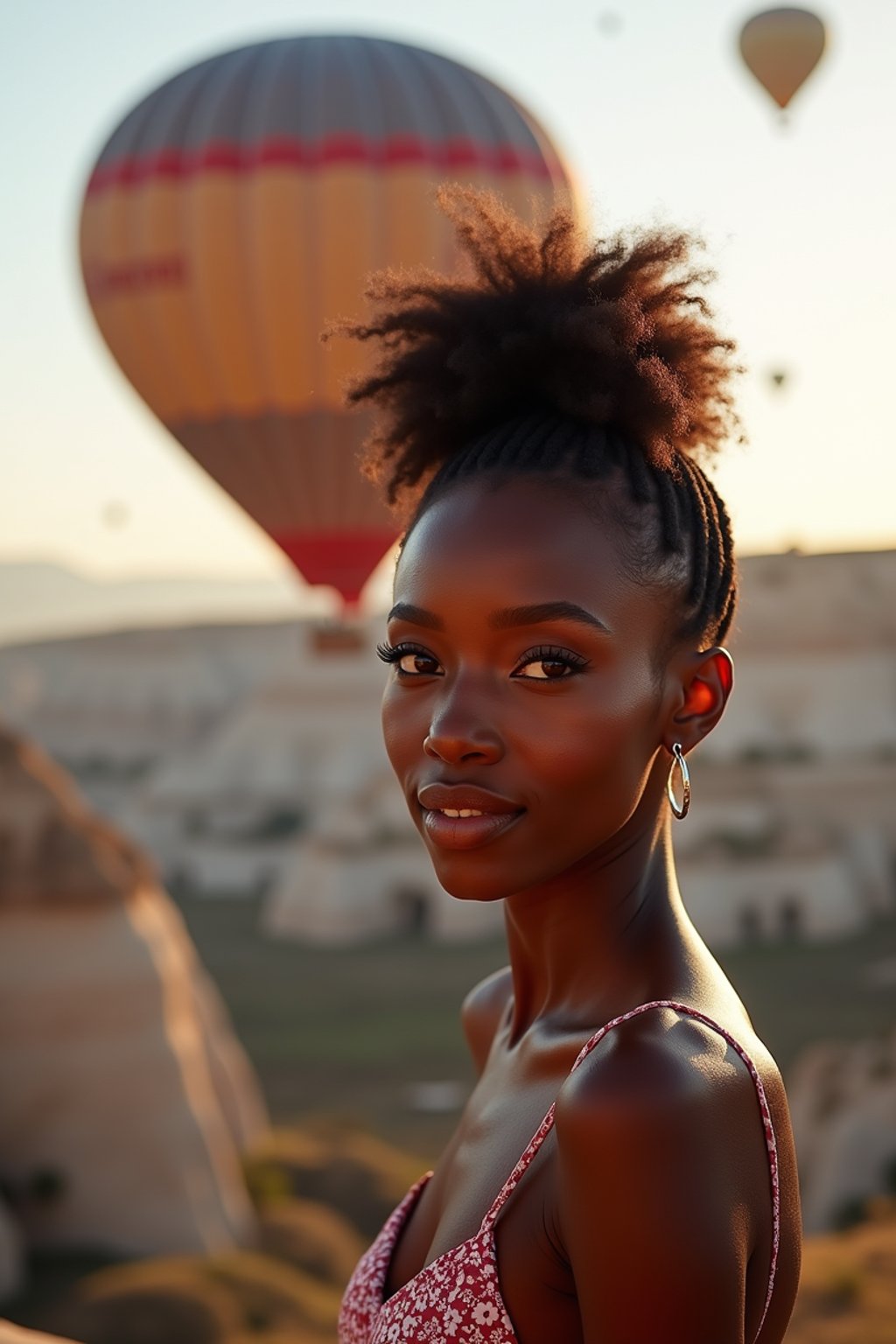 Breathtakingly woman with hot air balloons in the background in cappadocia, Türkiye. Cappadocia, Turkey