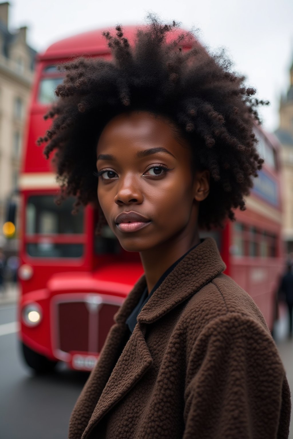 woman in London with Double Decker Bus in background