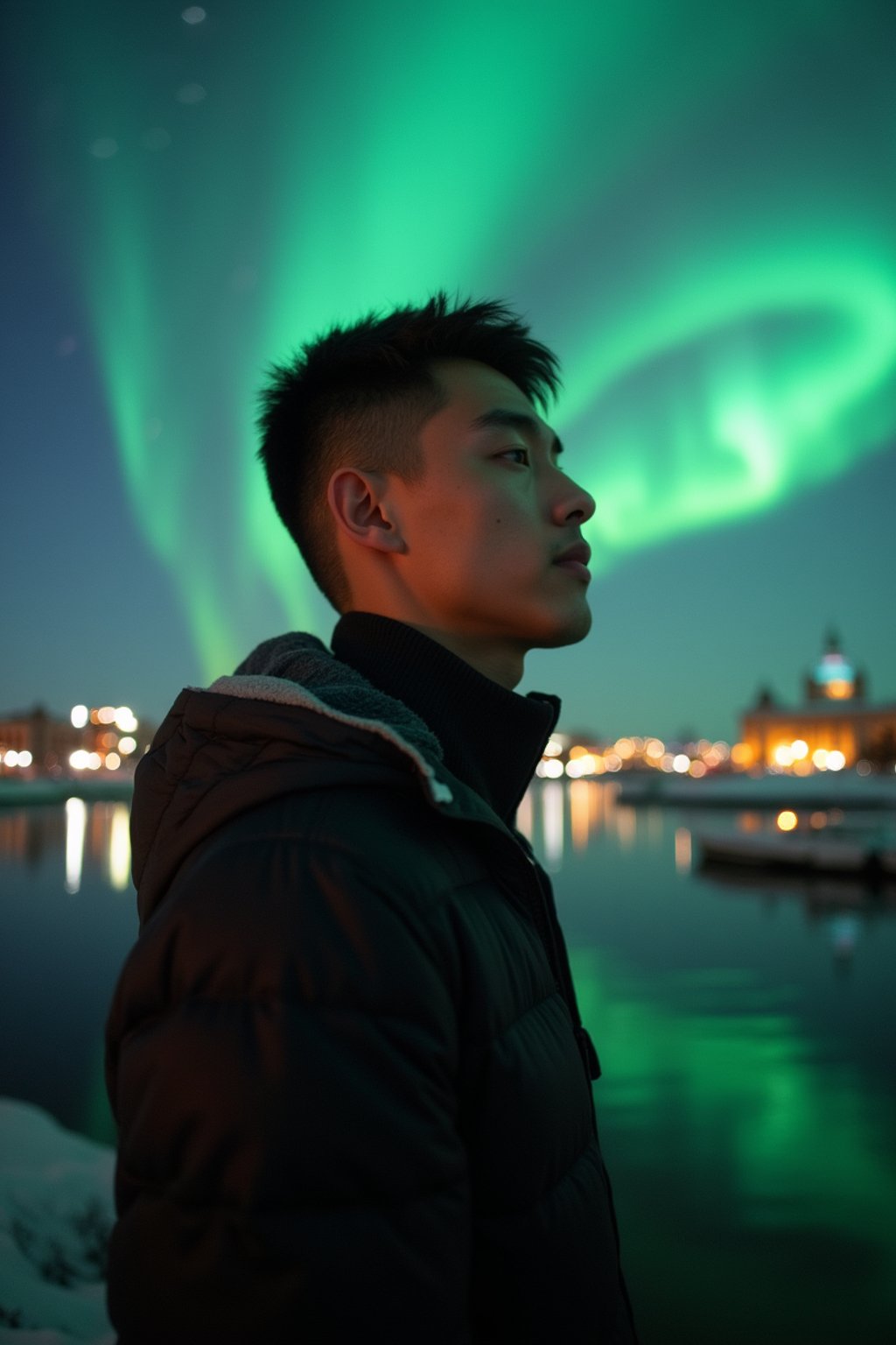 man in Reykjavik with the Northern Lights in the background