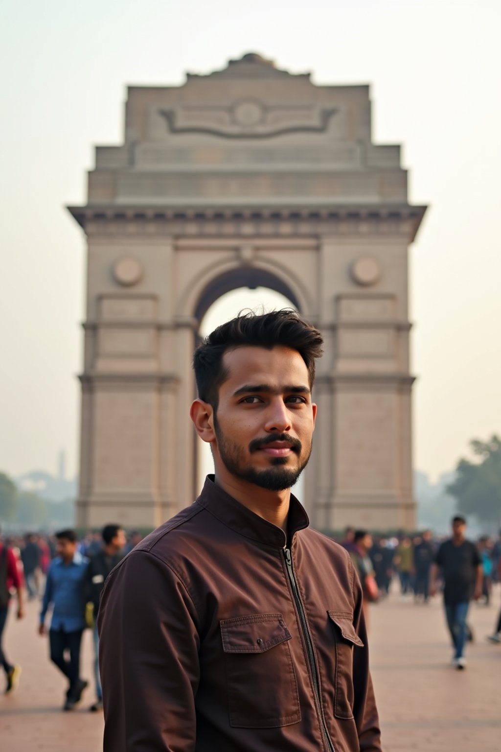 man in Delhi with the India Gate in the background