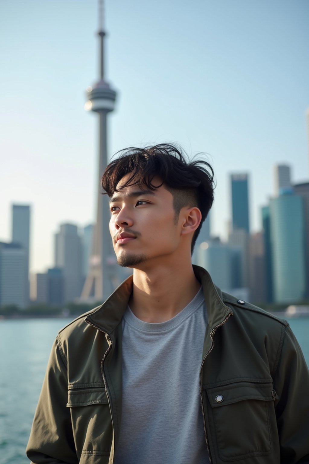 man in Toronto with the CN Tower in the background