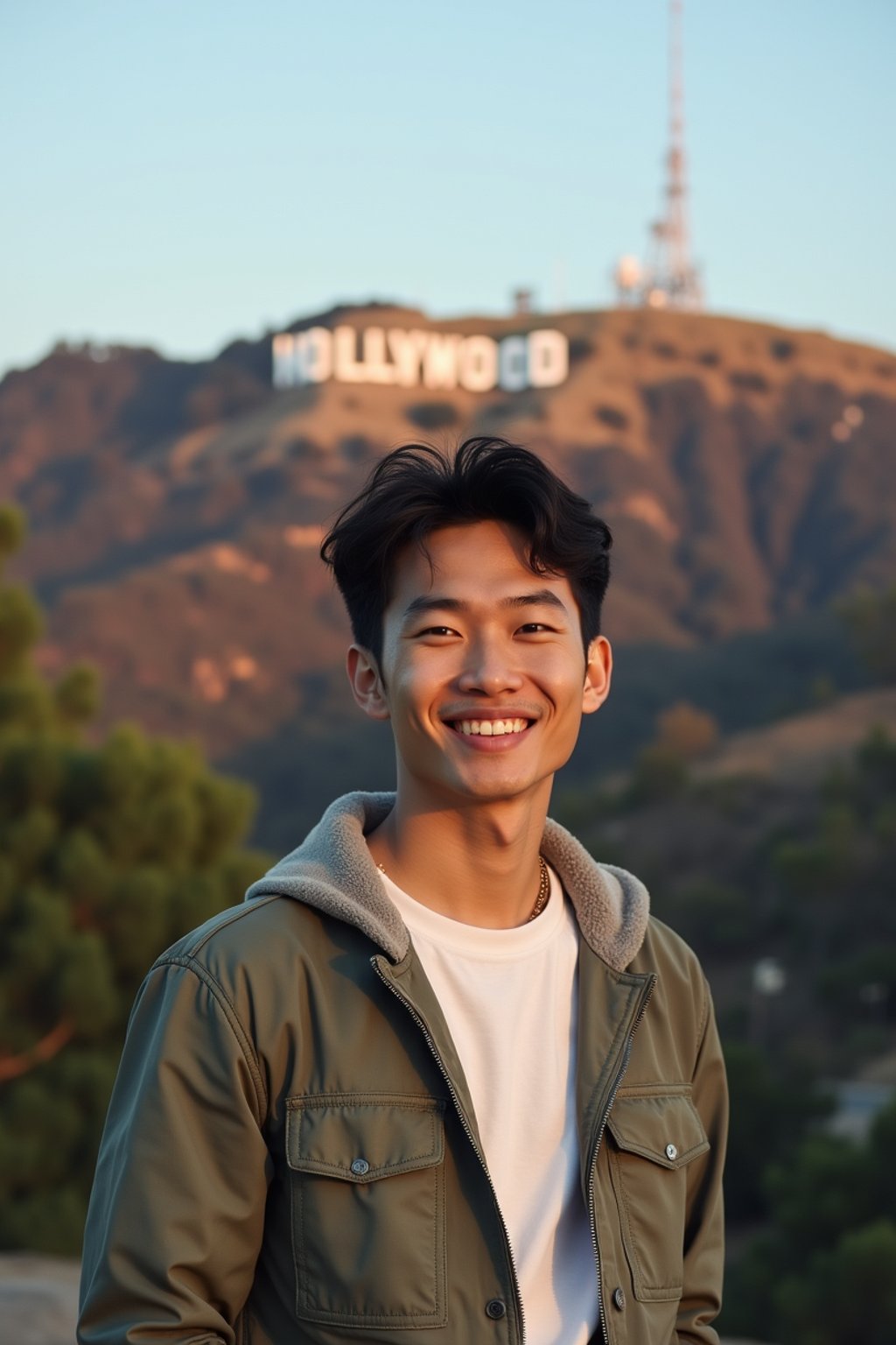 man in Los Angeles with the Hollywood sign in the background