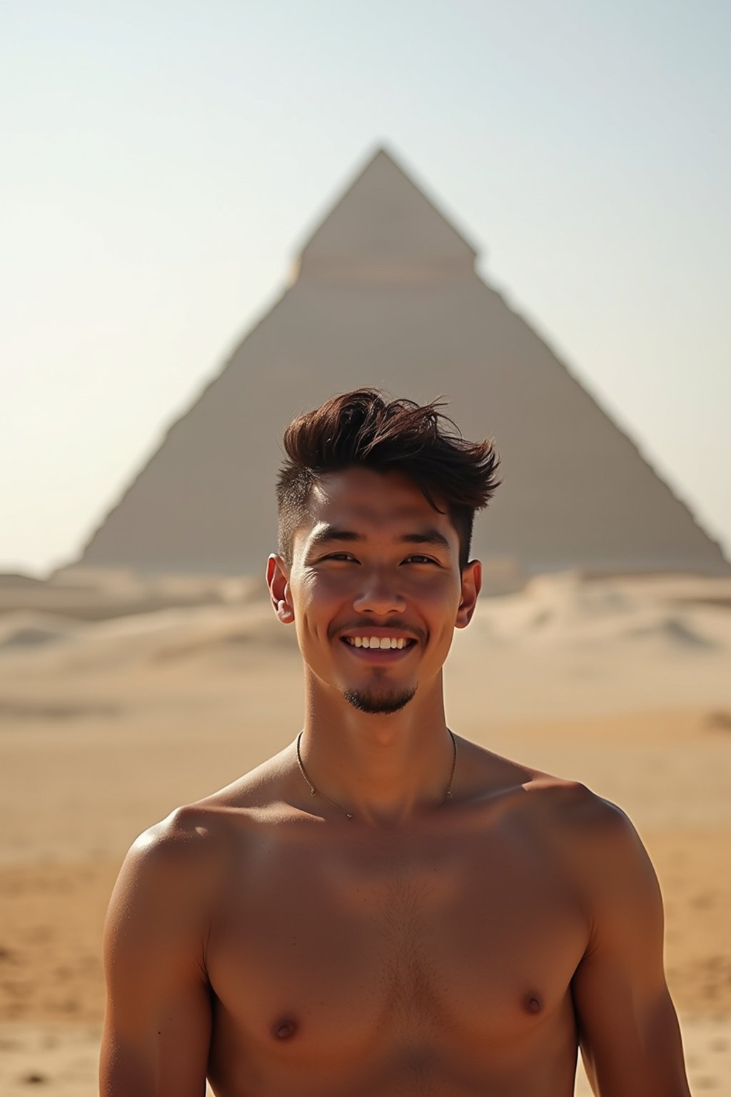 man in Cairo with the Pyramids of Giza in the background