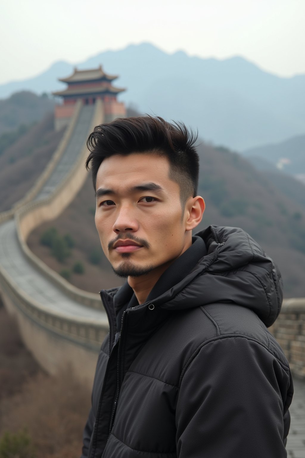 man in Beijing with the Great Wall in the background