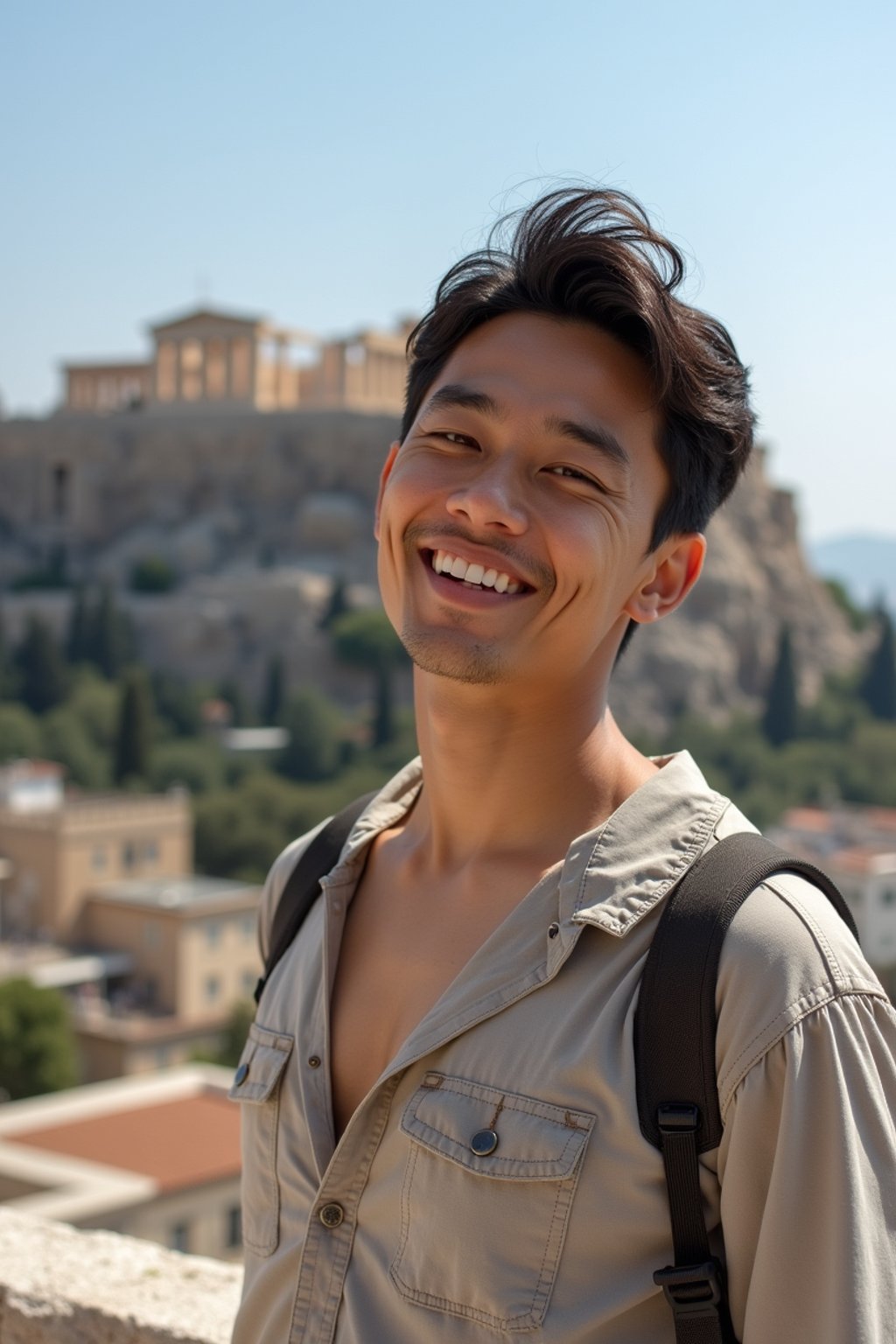 man in Athens with the Acropolis in the background