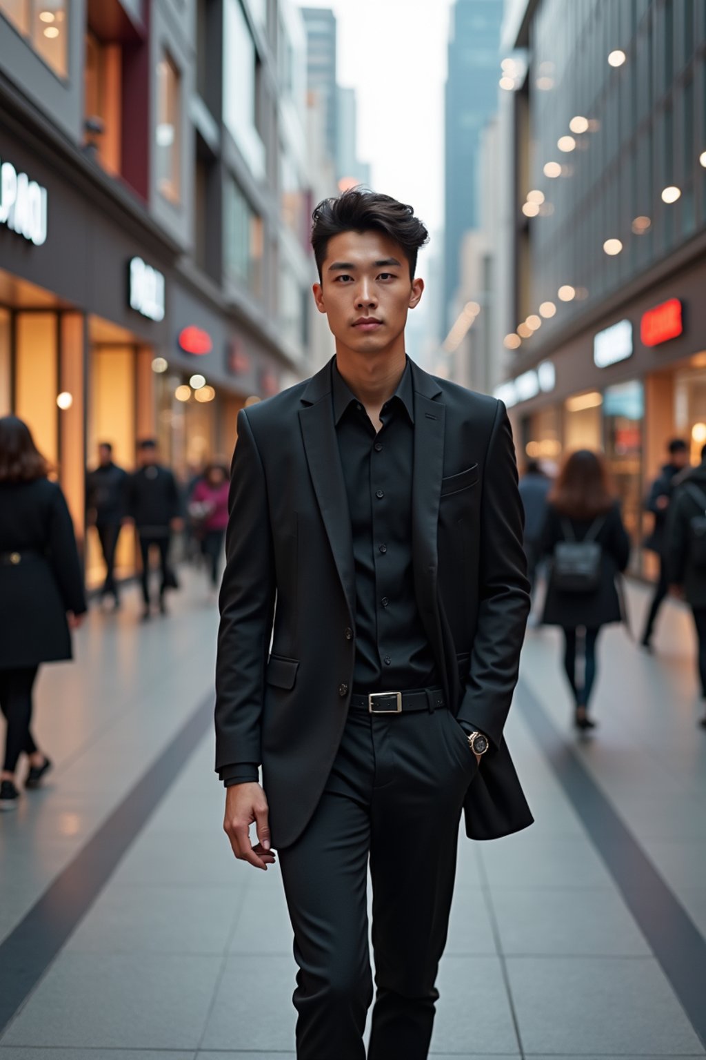 man in Seoul in Gangnam in Cheongdamdong Luxury Shopping street. stores visible in background