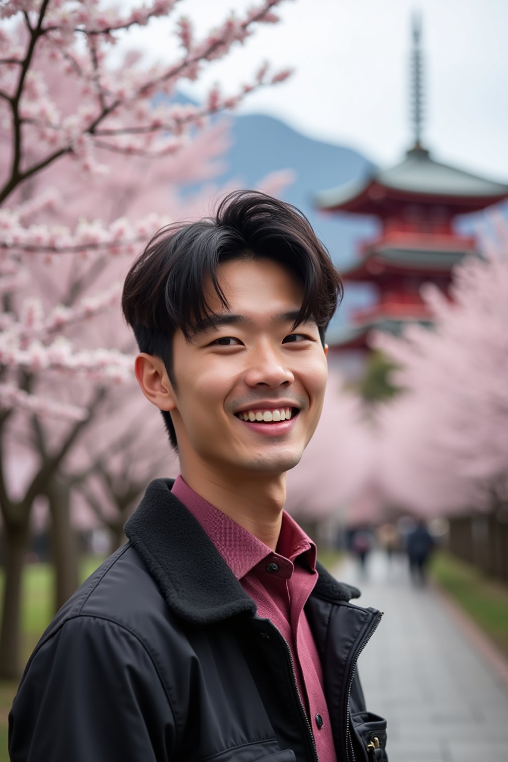 man in Japan with Japanese Cherry Blossom Trees and Japanese temples in background