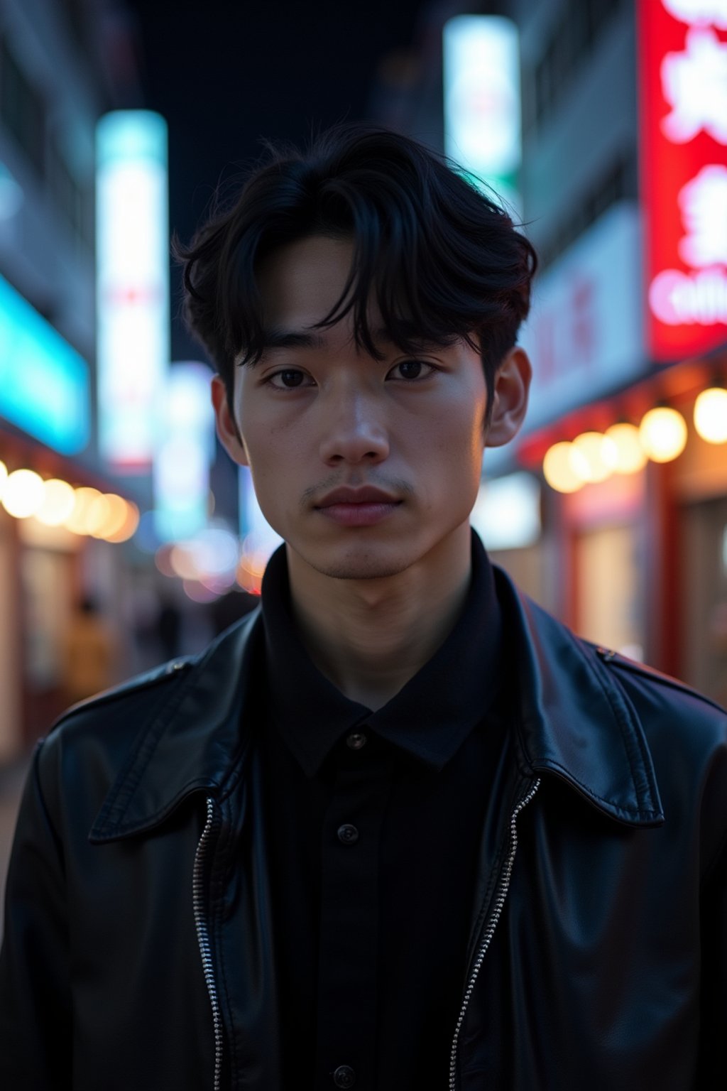 man in Tokyo at night with neon lights