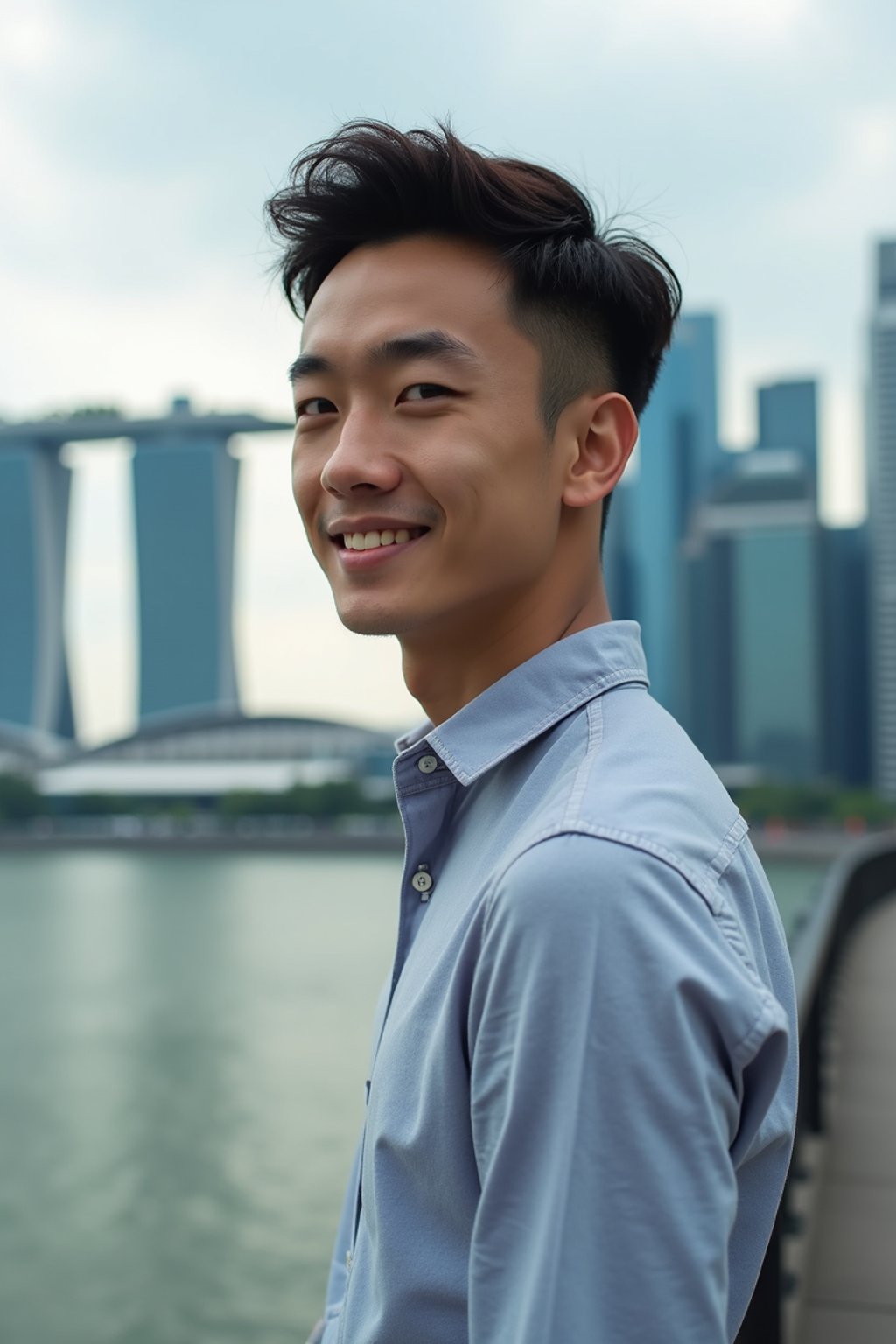 man in Singapore with Marina Bay Sands in background