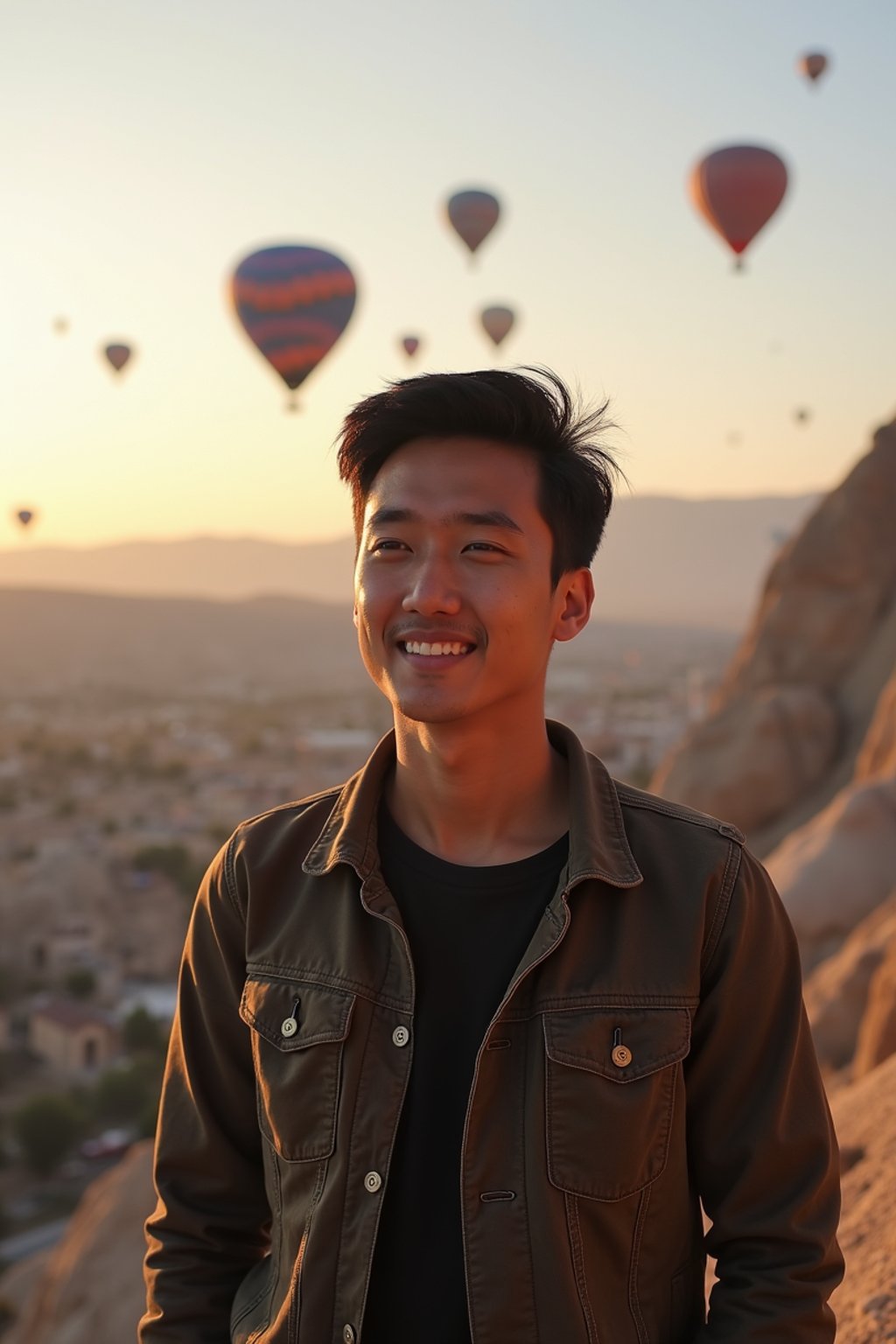 Breathtakingly man with hot air balloons in the background in cappadocia, Türkiye. Cappadocia, Turkey