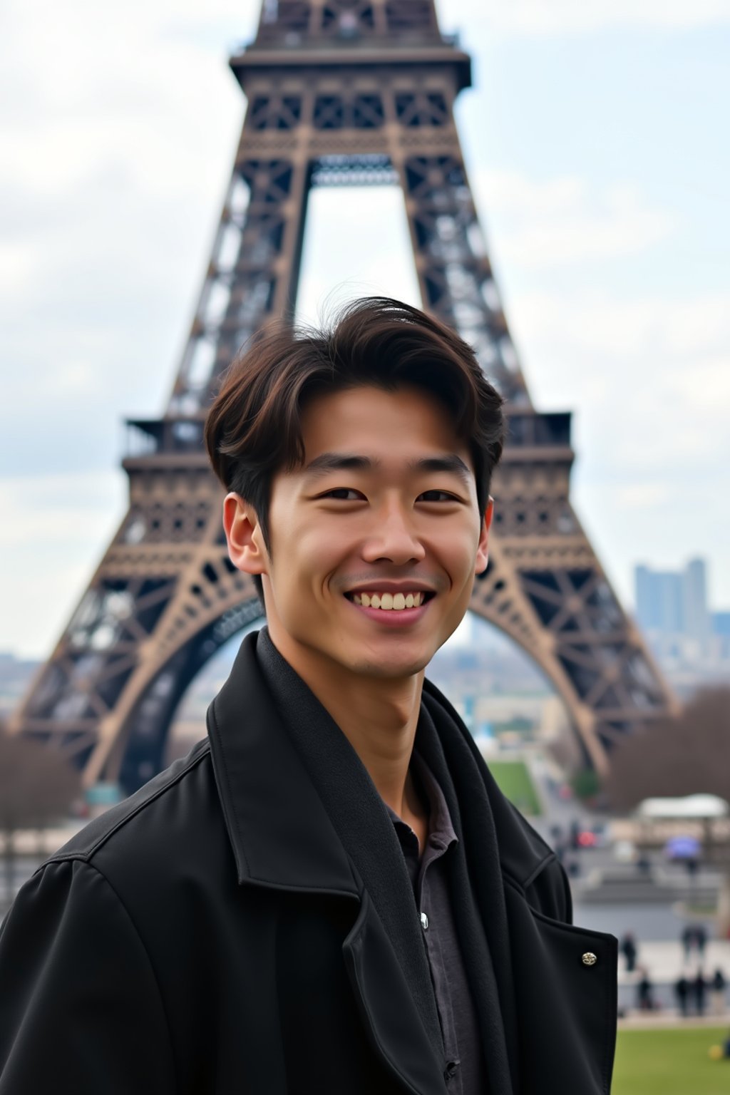 man in Paris with the Eiffel Tower in background