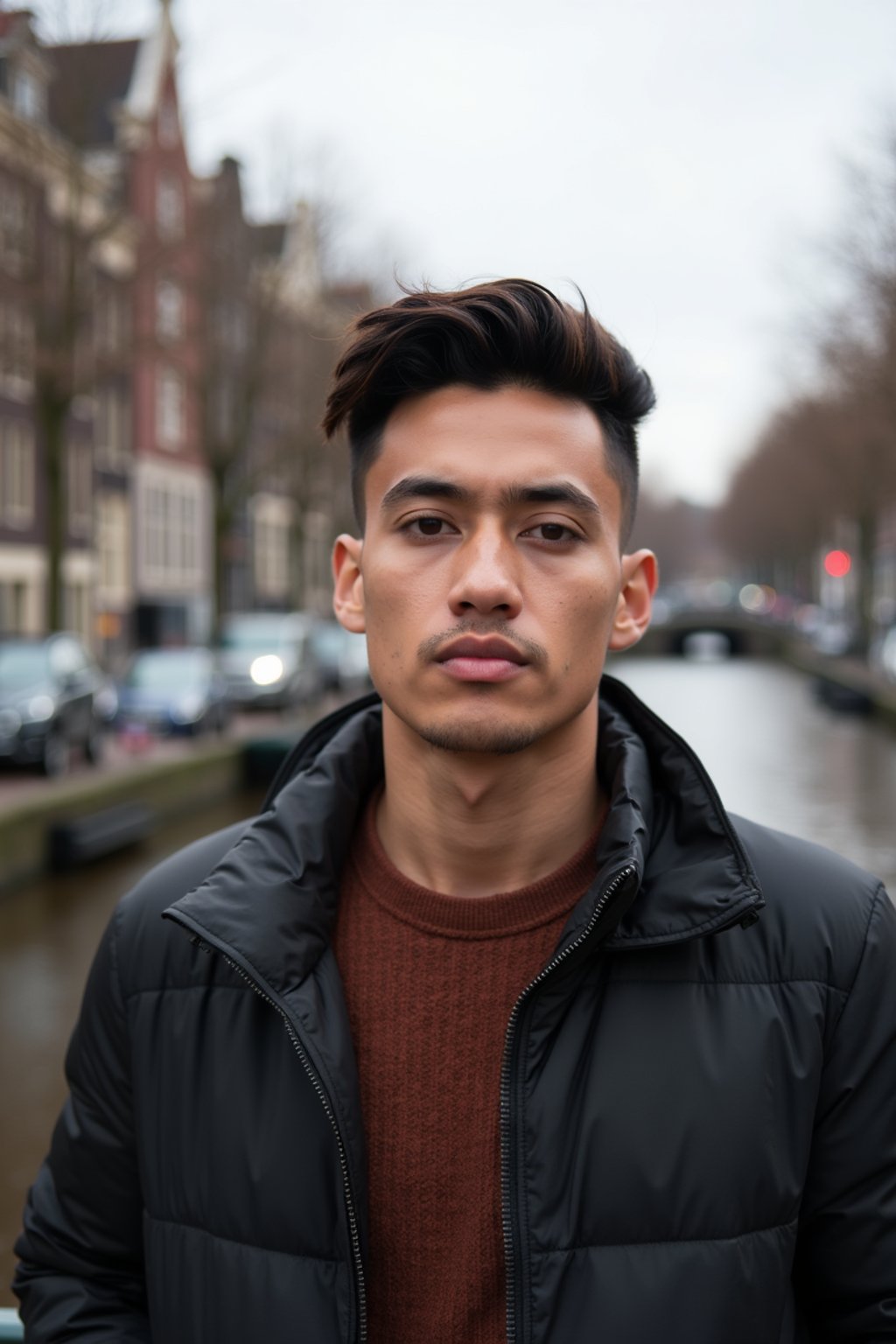 man in Amsterdam with the Amsterdam Canals in background