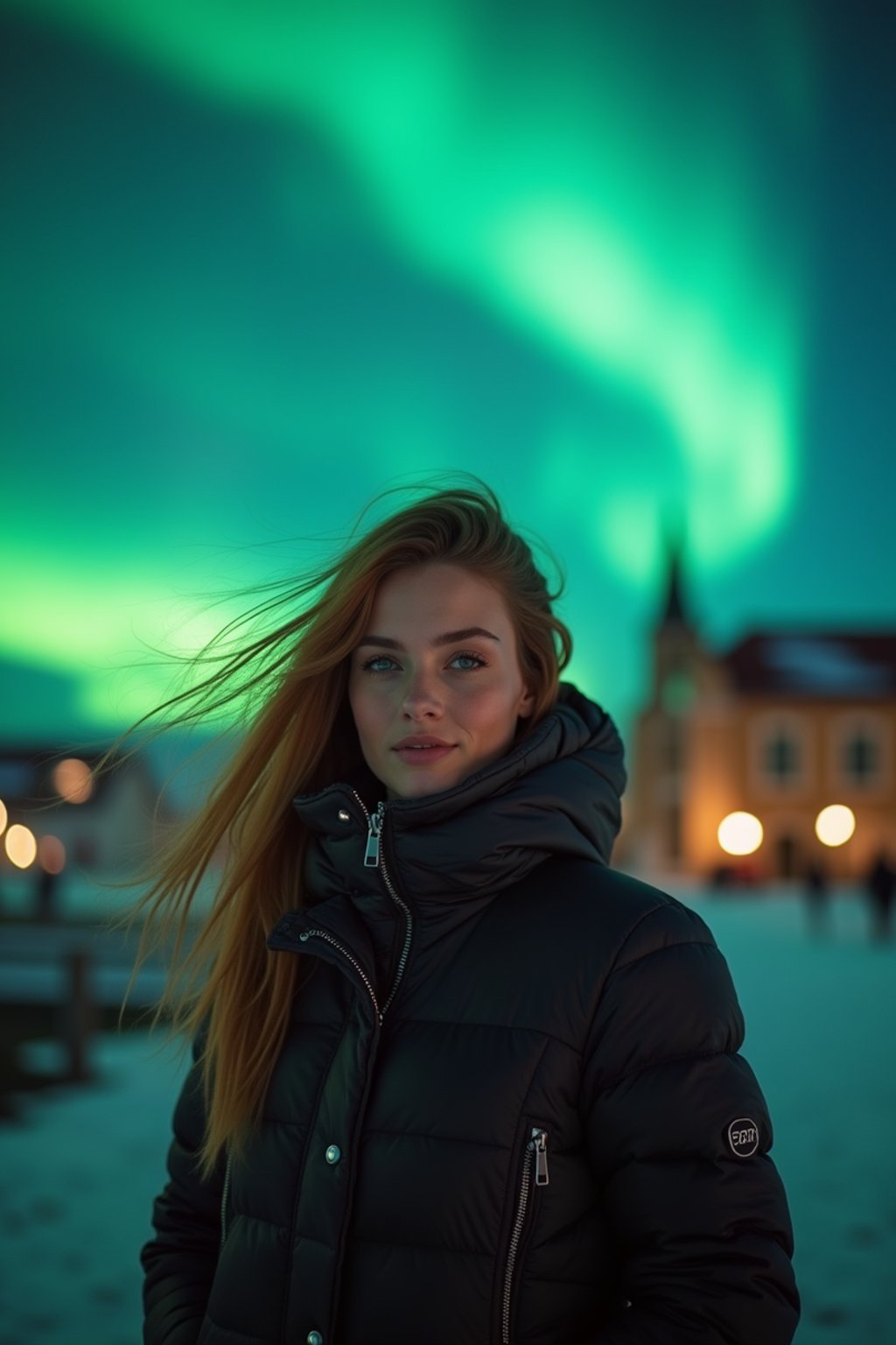 woman in Reykjavik with the Northern Lights in the background