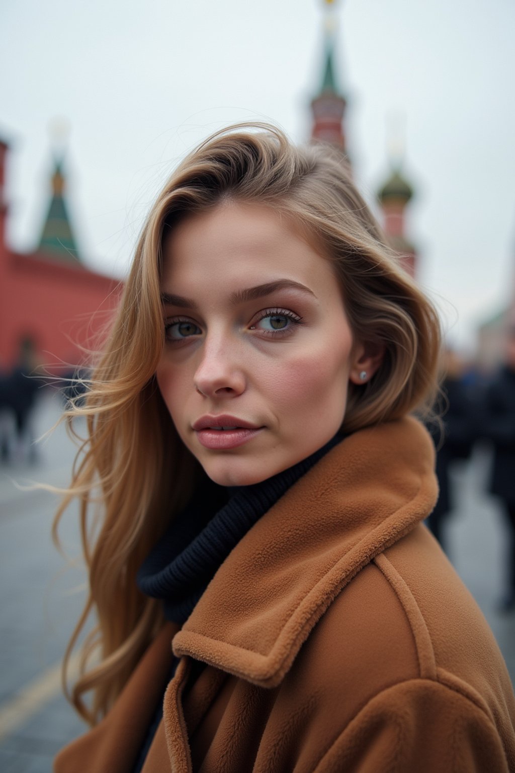 woman in Moscow with the Kremlin in the background