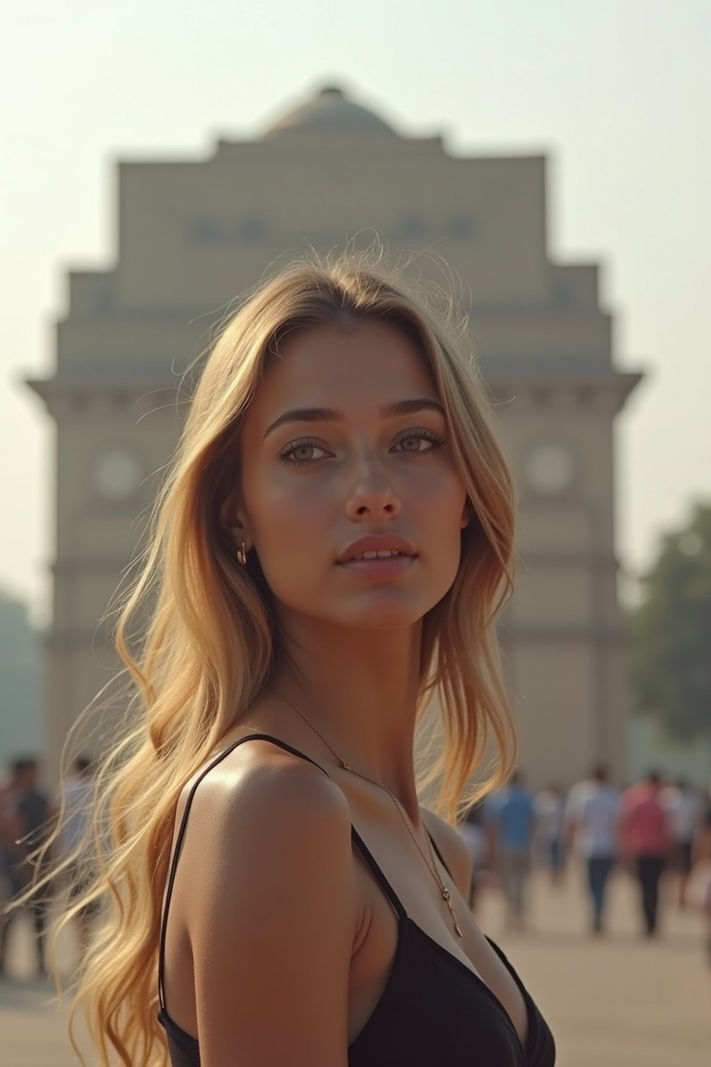 woman in Delhi with the India Gate in the background