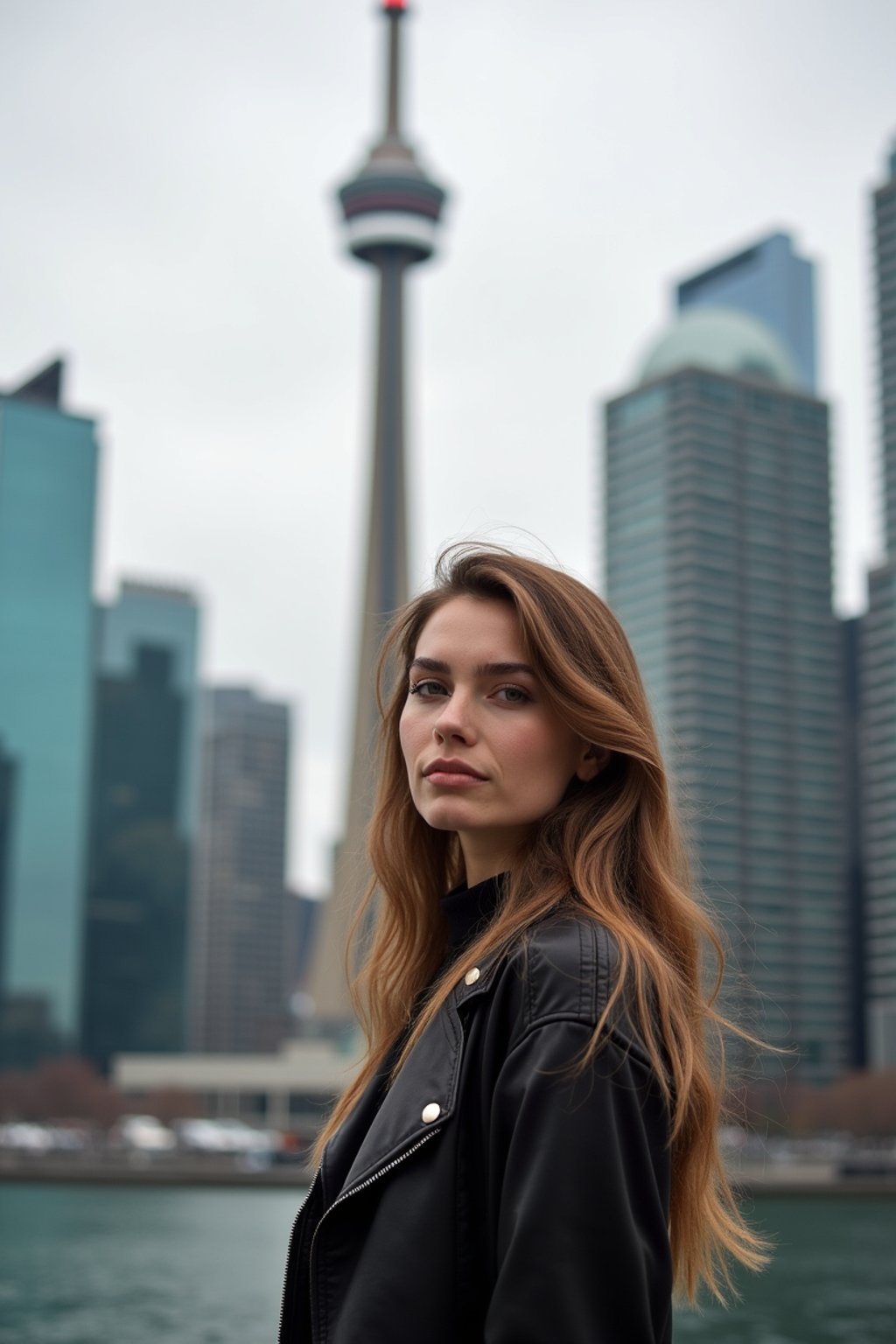 woman in Toronto with the CN Tower in the background