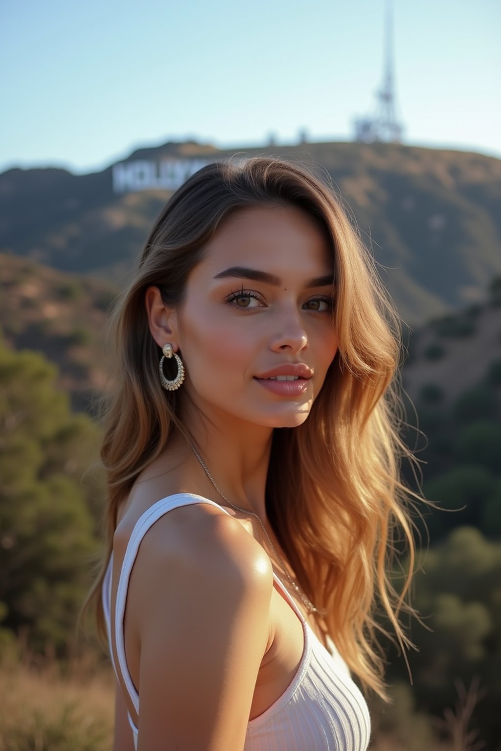 woman in Los Angeles with the Hollywood sign in the background