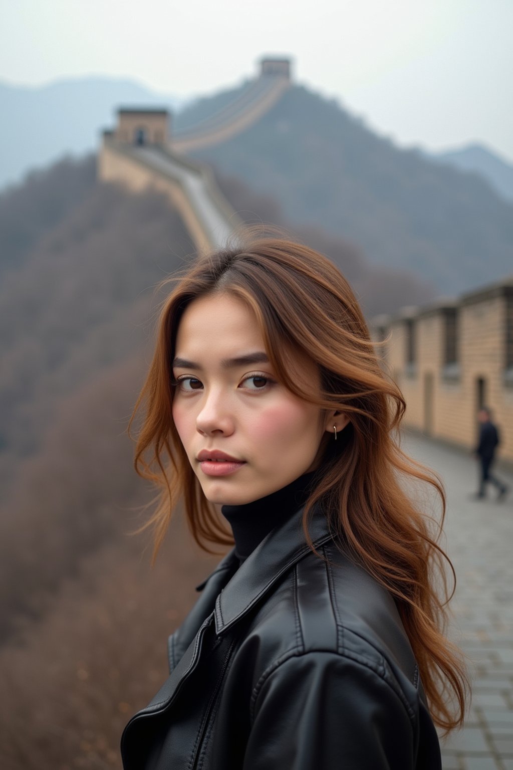 woman in Beijing with the Great Wall in the background