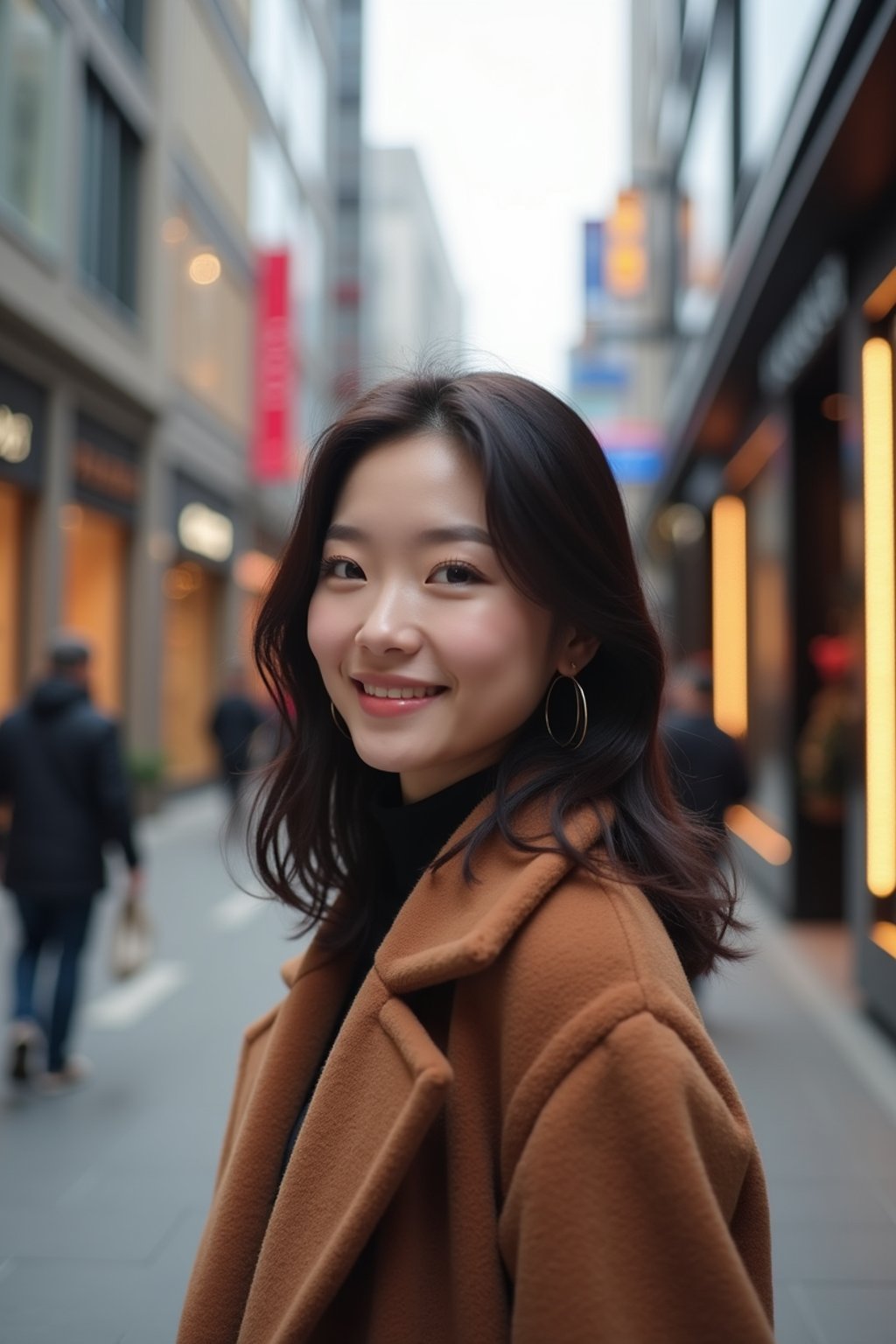 woman in Seoul in Gangnam in Cheongdamdong Luxury Shopping street. stores visible in background