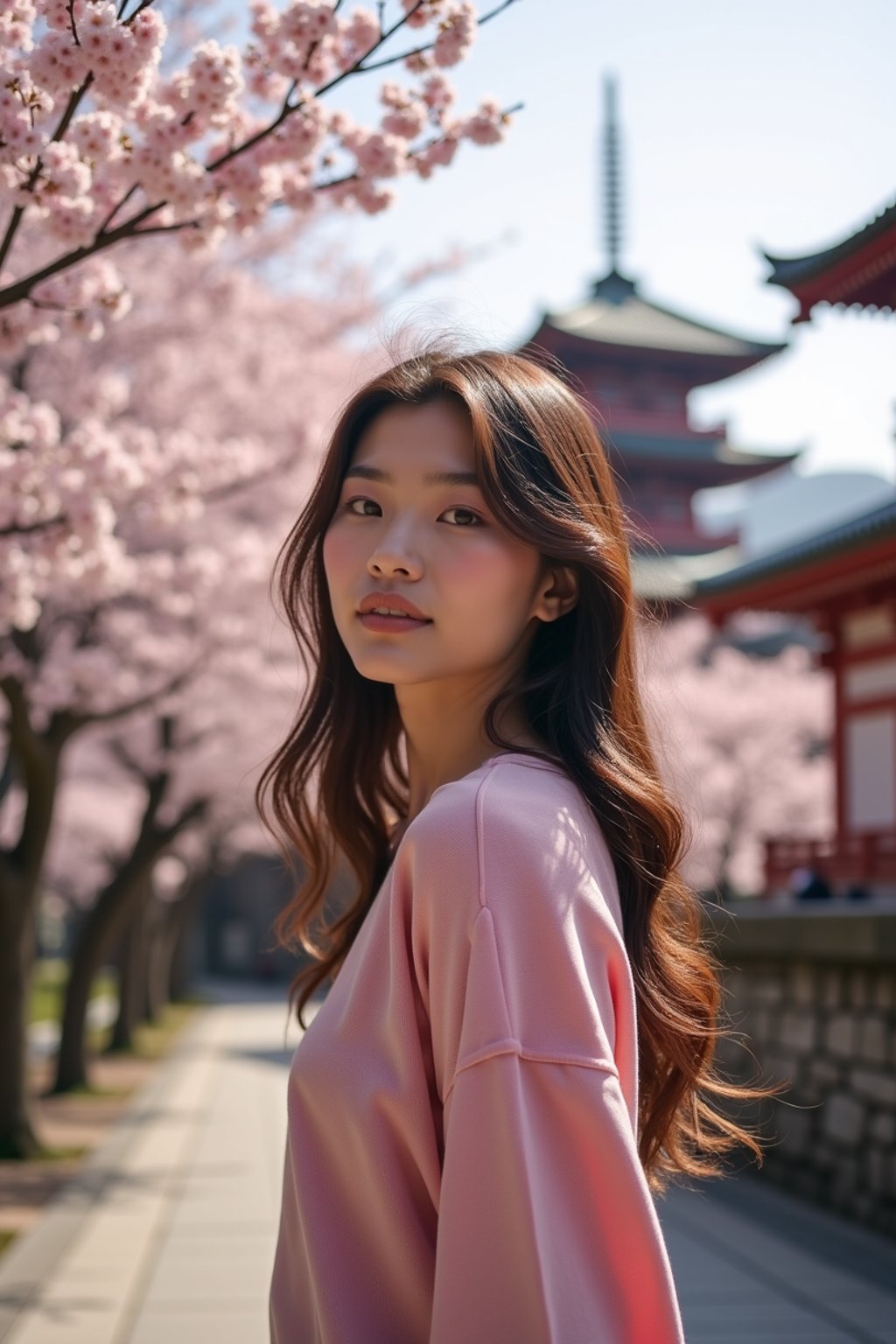 woman in Japan with Japanese Cherry Blossom Trees and Japanese temples in background