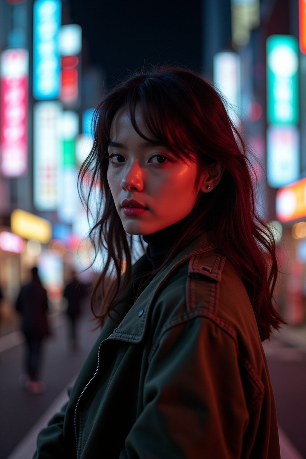 woman in Tokyo at night with neon lights