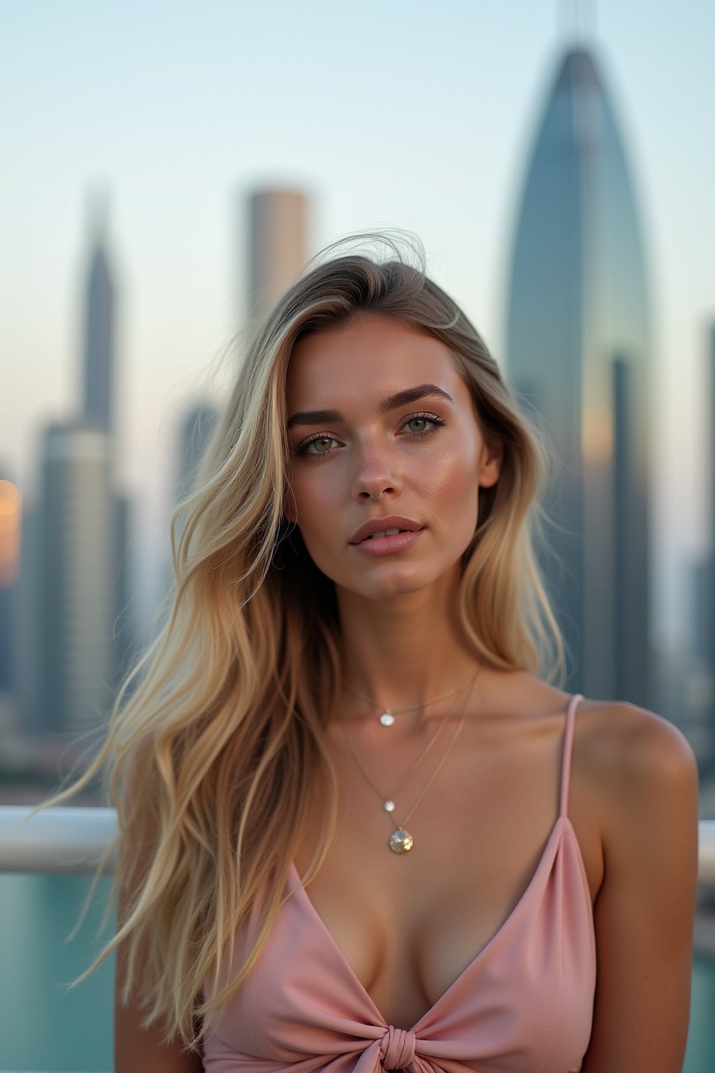 woman in Dubai with skyline in background