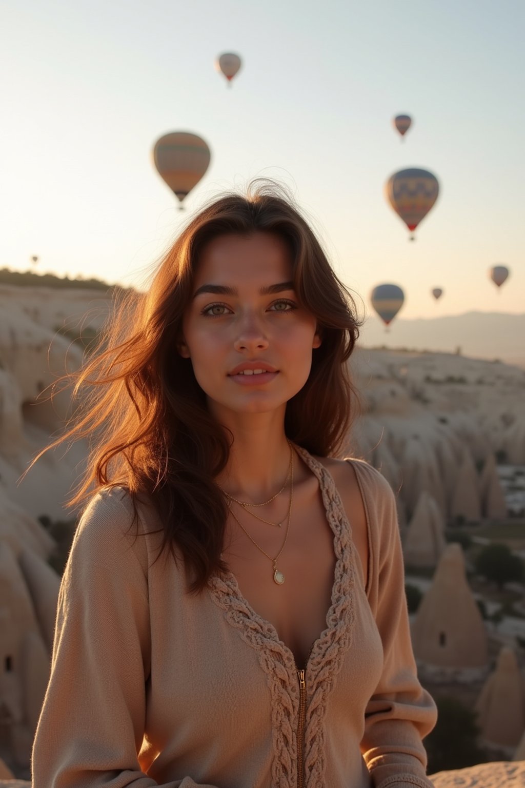 Breathtakingly woman with hot air balloons in the background in cappadocia, Türkiye. Cappadocia, Turkey