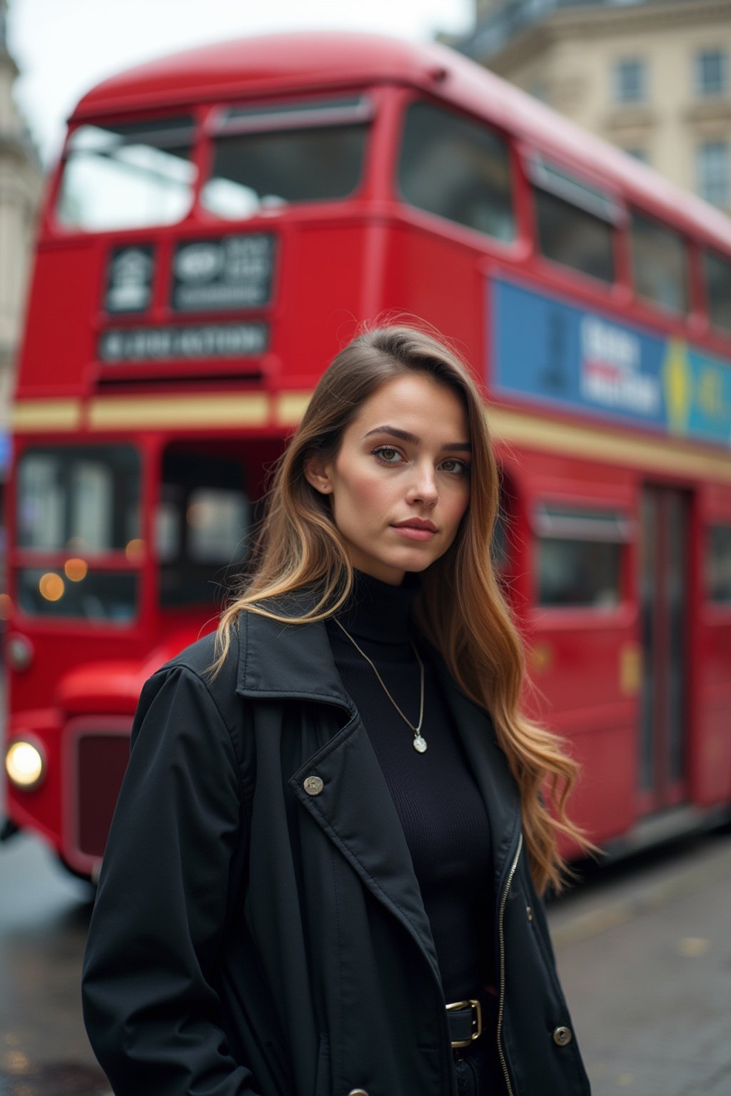 woman in London with Double Decker Bus in background