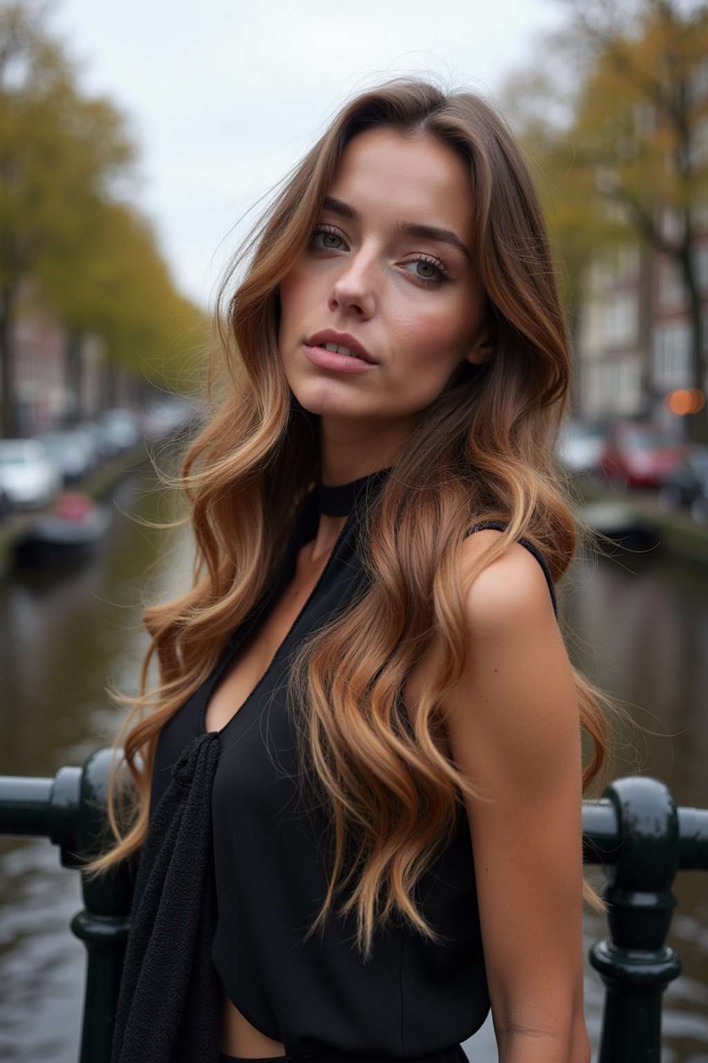 woman in Amsterdam with the Amsterdam Canals in background