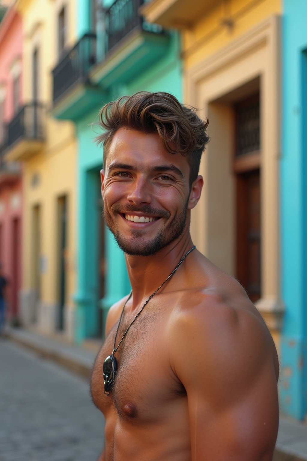 man in Havana with the colorful old town in the background