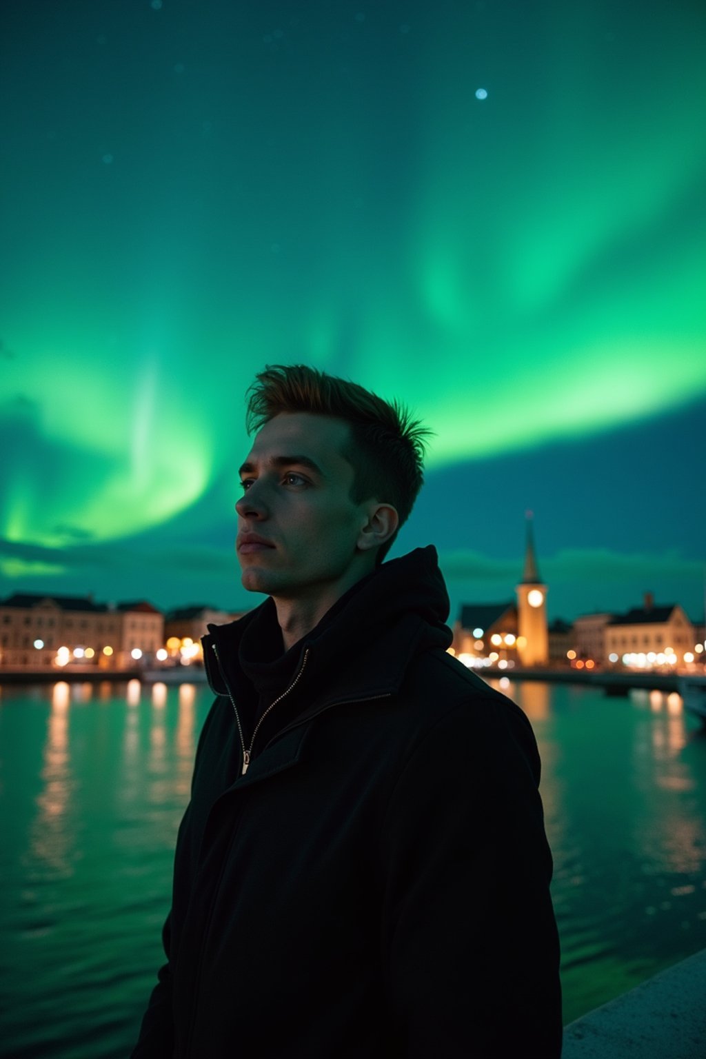 man in Reykjavik with the Northern Lights in the background