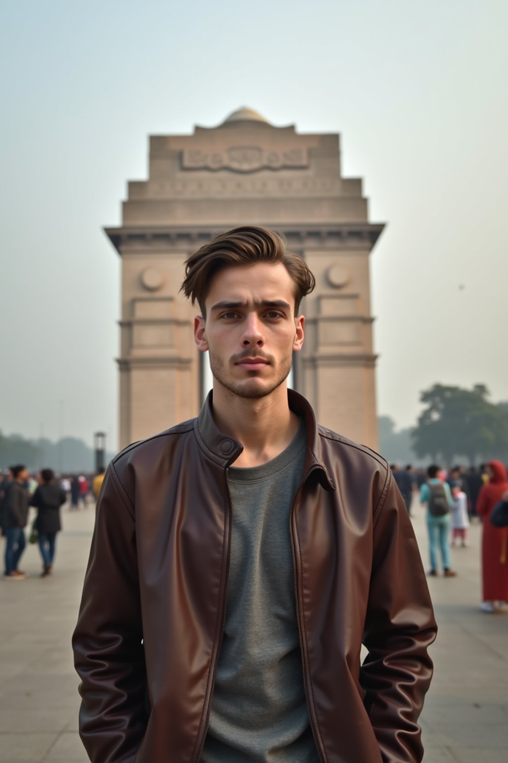 man in Delhi with the India Gate in the background